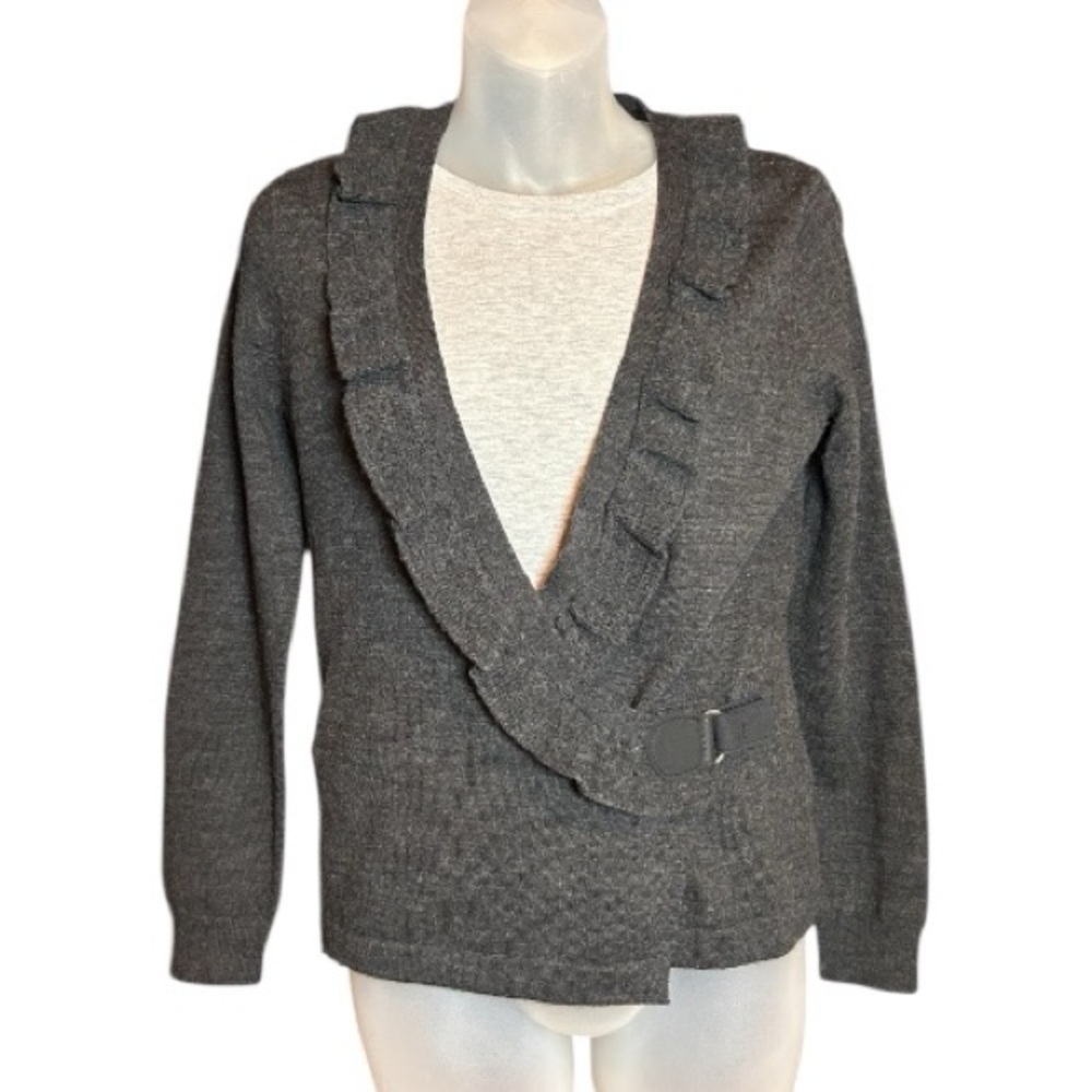 Elegant Merino 100% Wool V-neck Wrap Sweater Women Petite S Gray Ruffle Trim - Picture 2 of 10